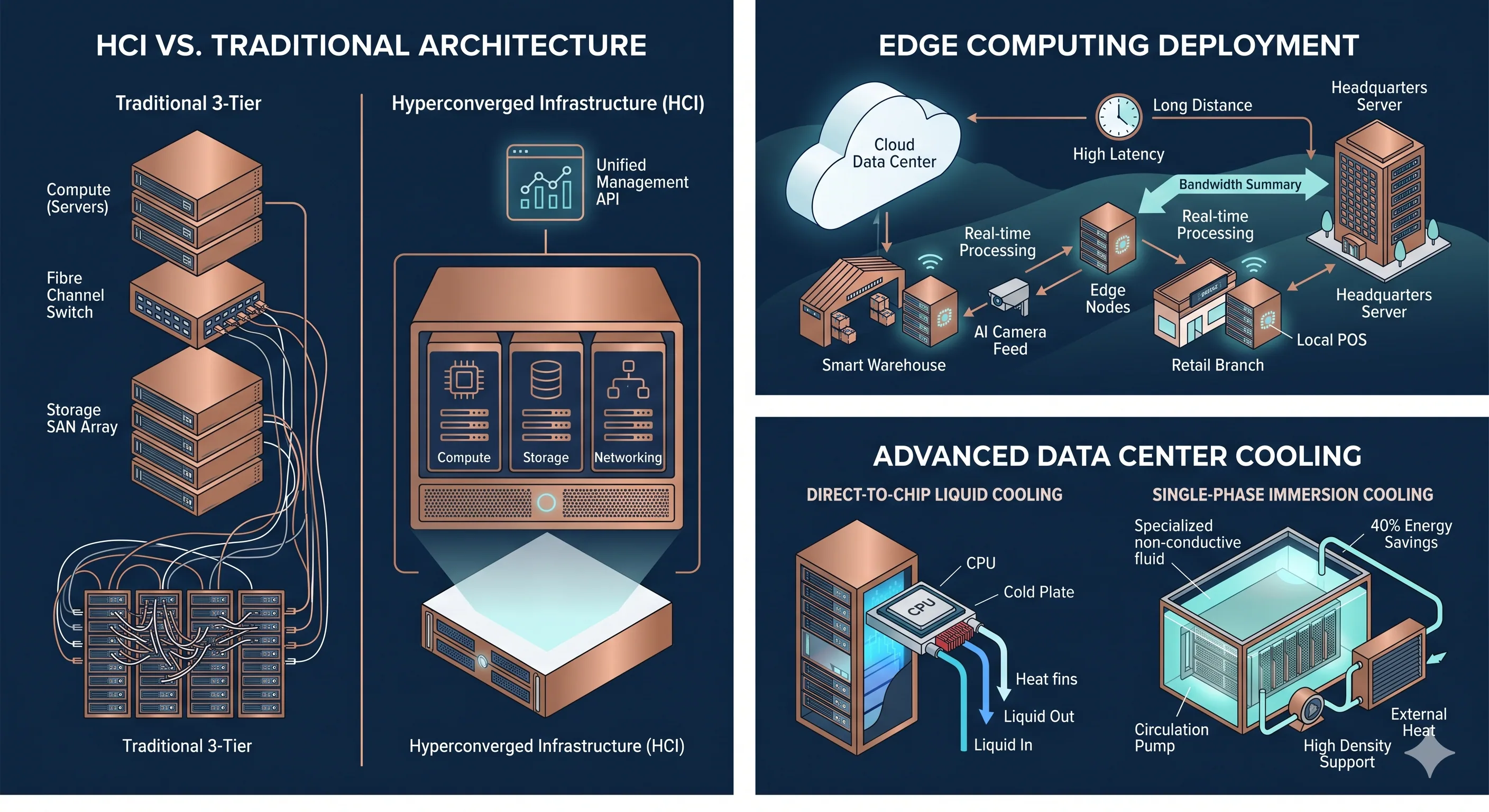 Modern data center architecture: hyperconverged infrastructure, edge computing, and liquid cooling